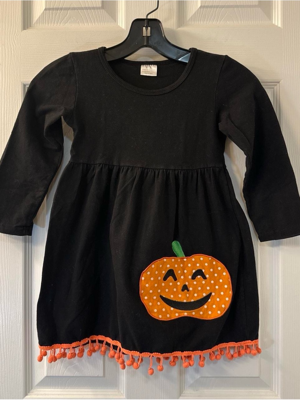 Black Halloween Kid’s Dress w/ Orange Pumpkin White Polka Dots & Orange Pom-Pom